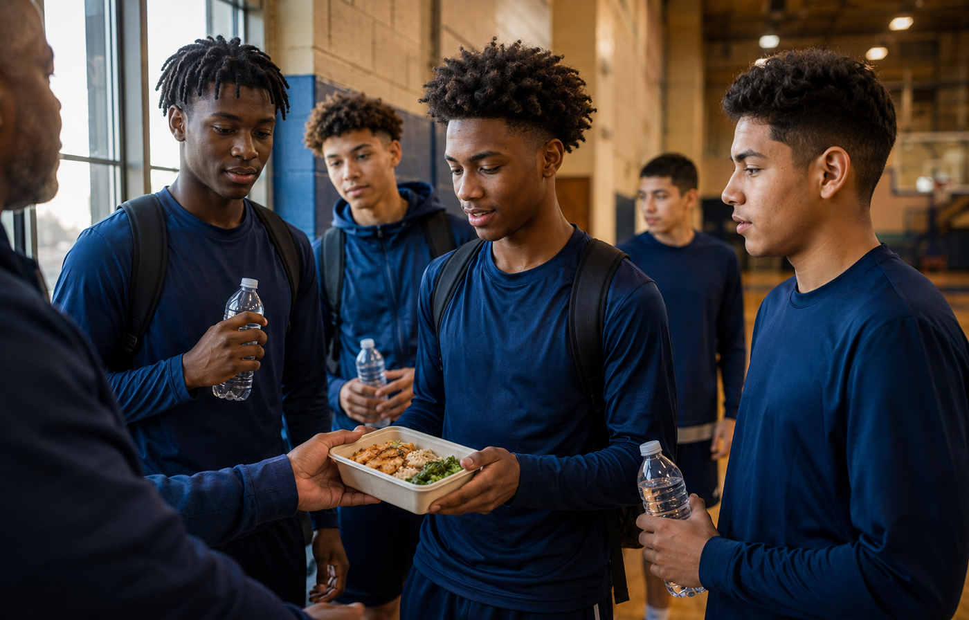 High school basketball players receiving game-day nutrition support