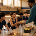 High school basketball players receiving healthy pregame meals and water from a community mentor