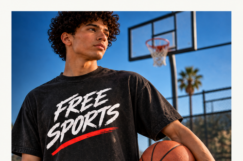 Model wearing the FREE SPORTS Tee on a basketball court