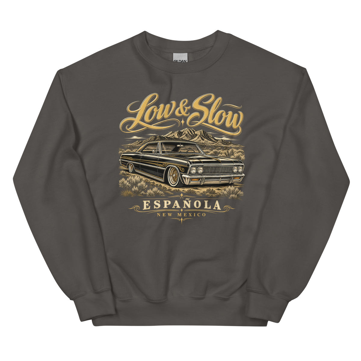 Low & Slow — New Mexico Crewneck in Charcoal, front view showing the enlarged original graphic.