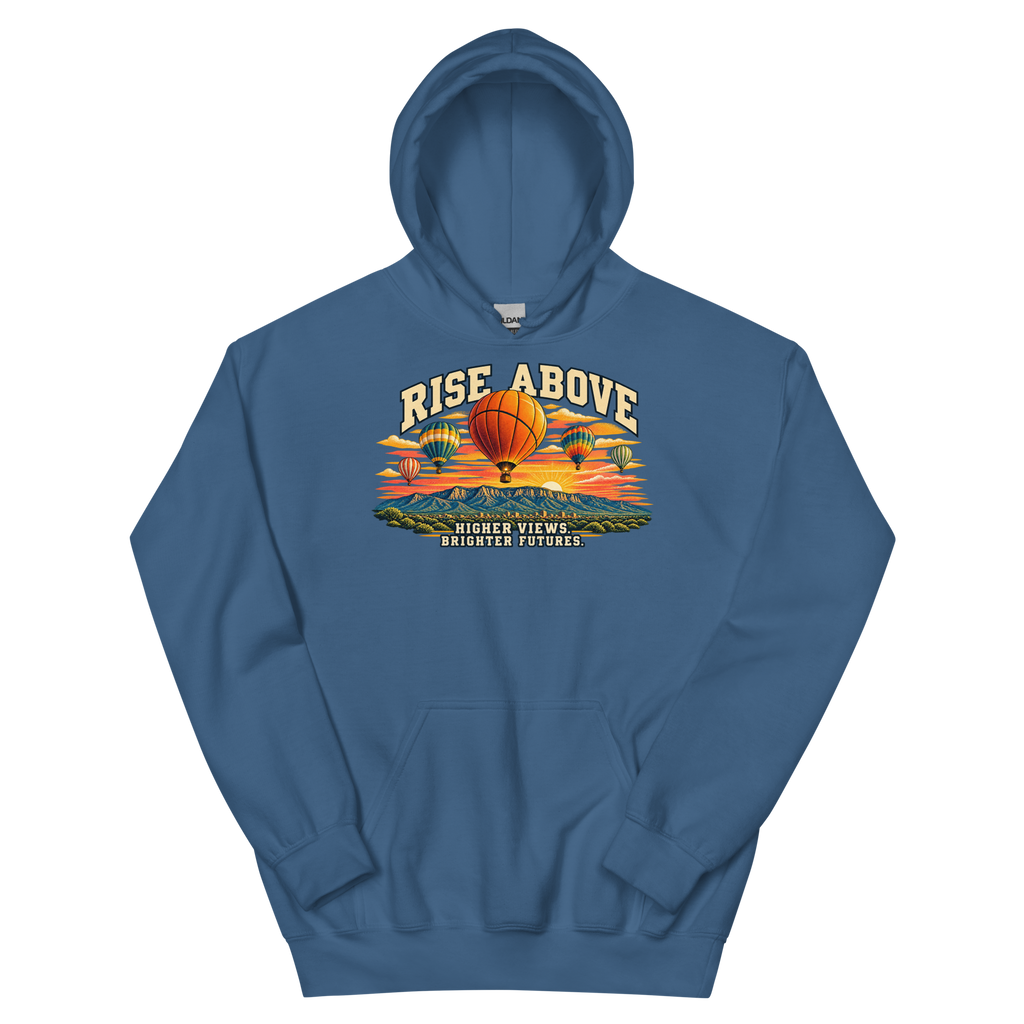 Rise Above — New Mexico Hoodie in Indigo Blue, front view showing the enlarged original graphic.