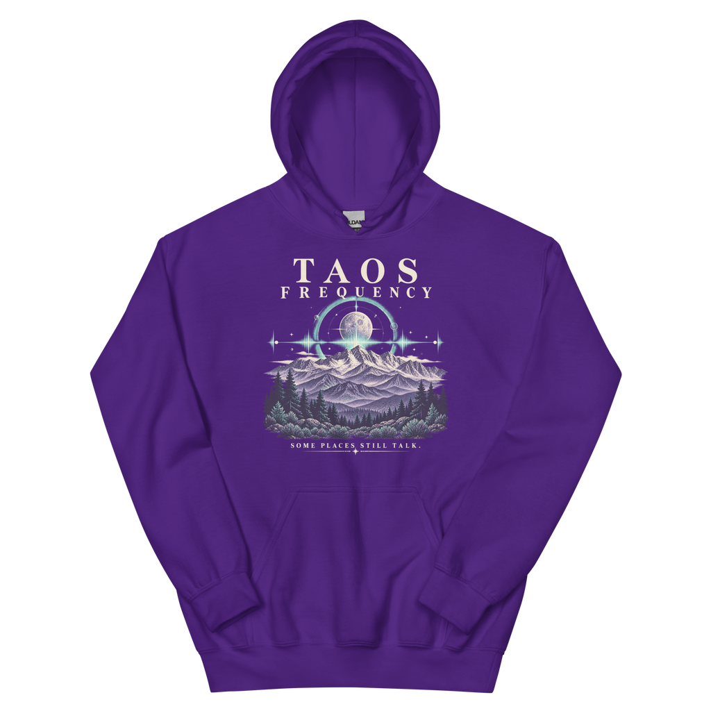 Taos Frequency — New Mexico Hoodie in Purple, front view showing the enlarged original graphic.