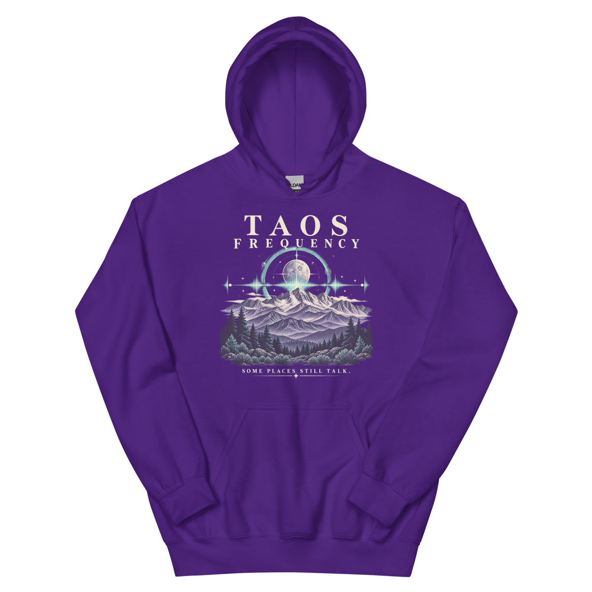Taos Frequency — New Mexico Hoodie in Purple, front view showing the enlarged original graphic.