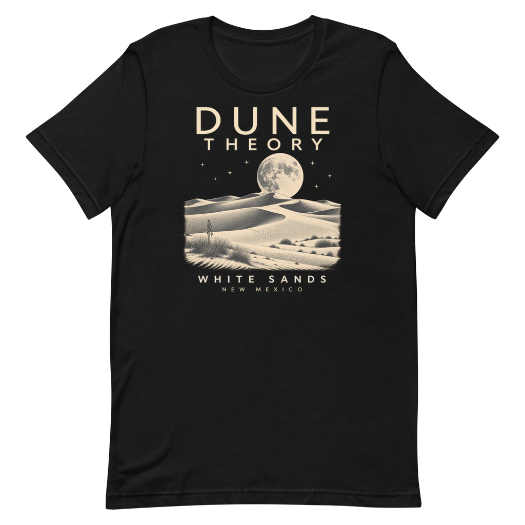 Dune Theory — New Mexico Tee in Black, front view showing the enlarged original graphic.