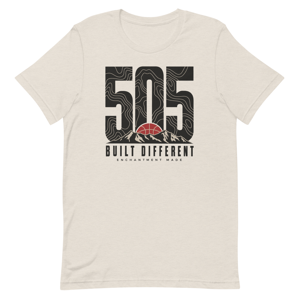 505 Built Different — New Mexico Tee in Heather Dust, front view showing the enlarged original graphic.