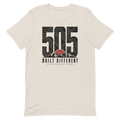 505 Built Different — New Mexico Tee in Heather Dust, front view showing the enlarged original graphic.