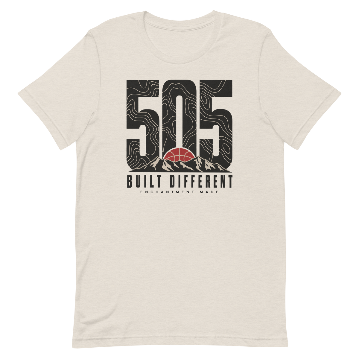 505 Built Different — New Mexico Tee in Heather Dust, front view showing the enlarged original graphic.