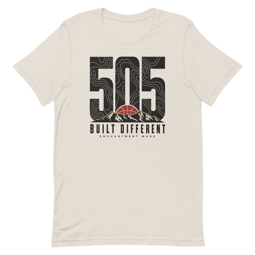 505 Built Different — New Mexico Tee in Heather Dust, front view showing the enlarged original graphic.