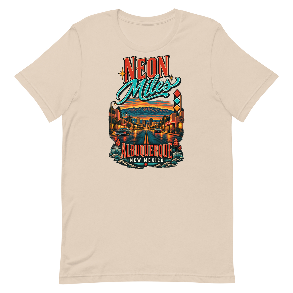 Neon Miles — New Mexico Tee in Soft Cream, front view showing the enlarged original graphic.