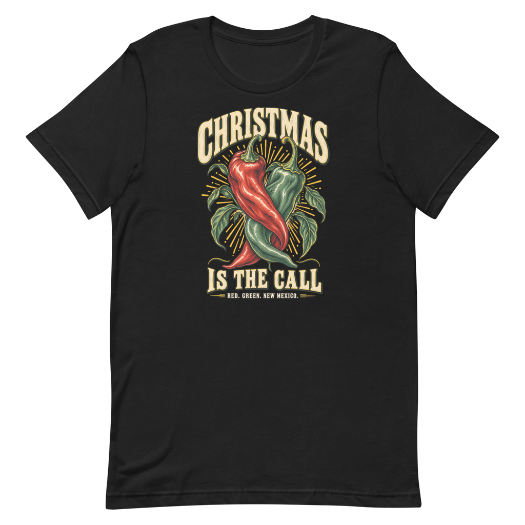 Christmas Is the Call — New Mexico Tee in Vintage Black, front view showing the enlarged original graphic.