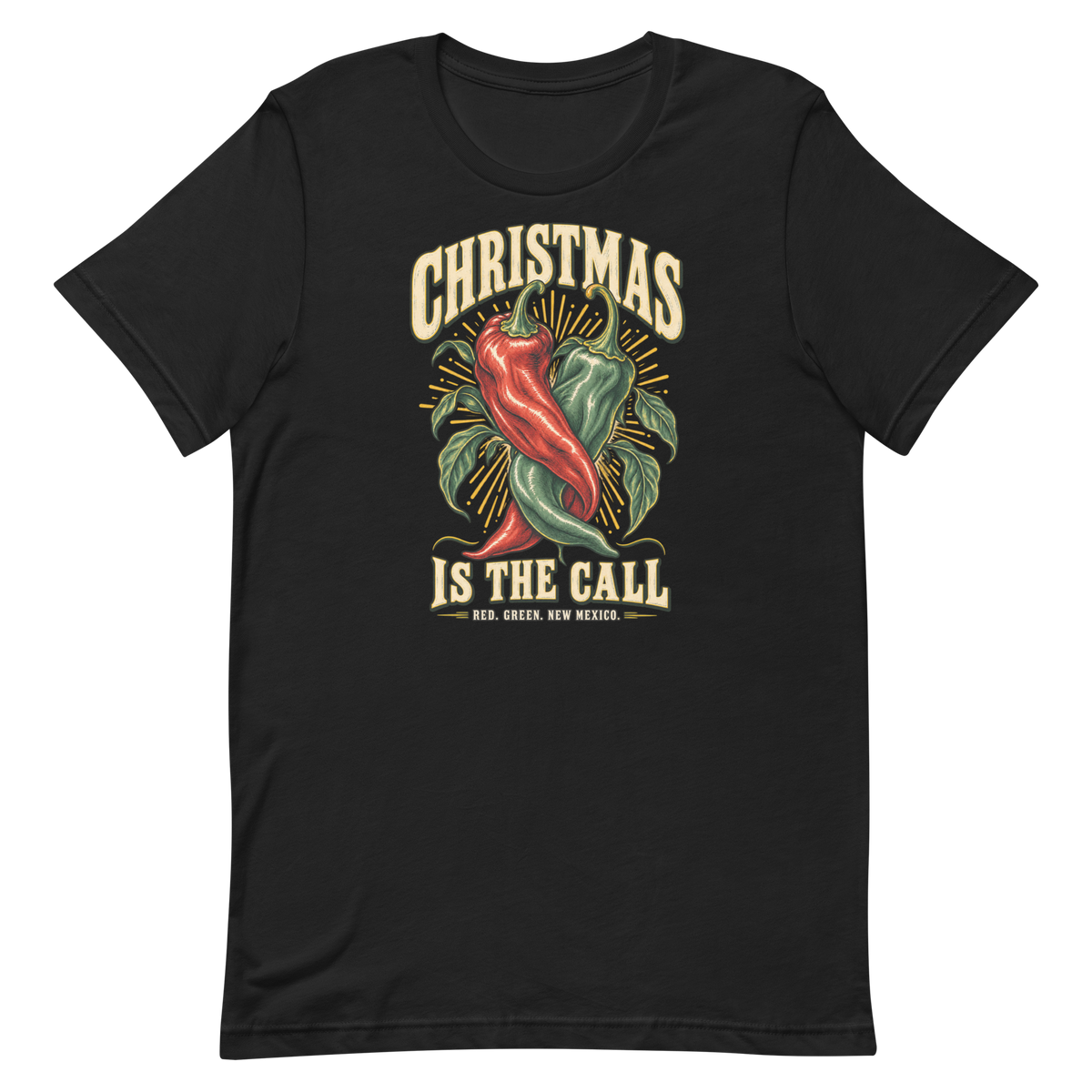 Christmas Is the Call — New Mexico Tee in Vintage Black, front view showing the enlarged original graphic.