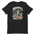 Roswell Away Team — New Mexico Tee in Vintage Black, front view showing the enlarged original graphic.