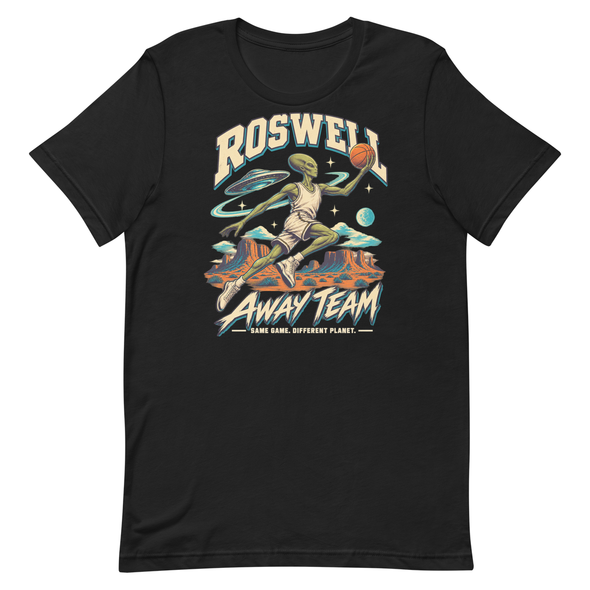 Roswell Away Team — New Mexico Tee in Vintage Black, front view showing the enlarged original graphic.